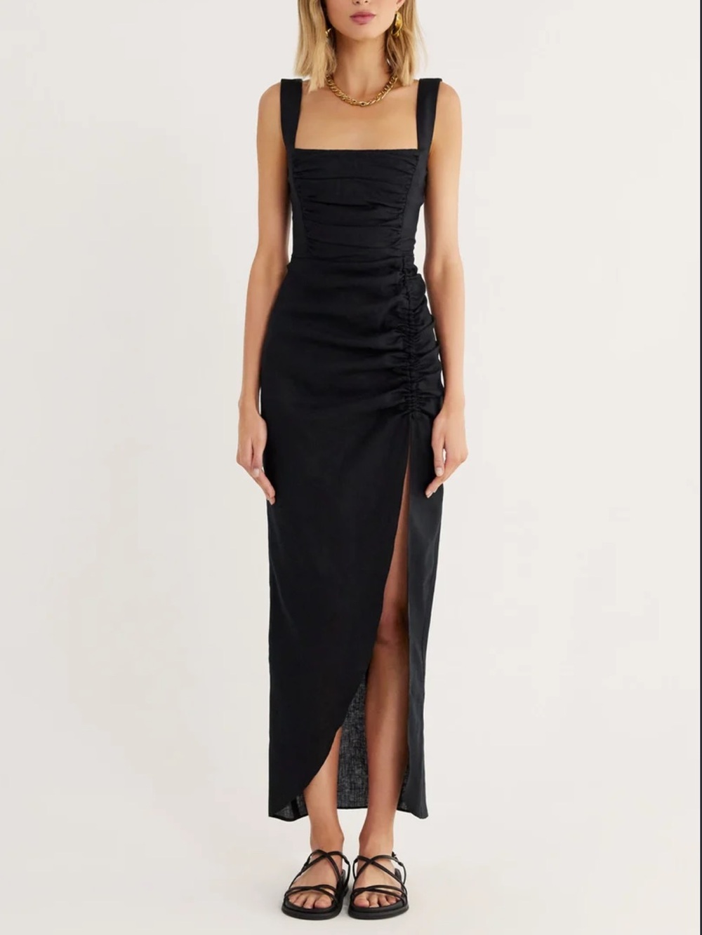 NWT O.P.T. One Pretty Time Black Ruched High-Low Midi Dress linen SIZE XS